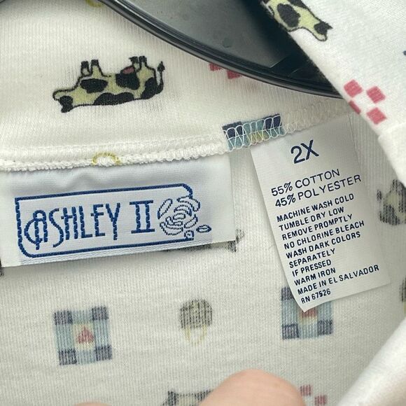 Ashley II vintage Blouse Top Mock Neck cows farm ranch dairy Cream 2X turtleneck - Picture 5 of 9